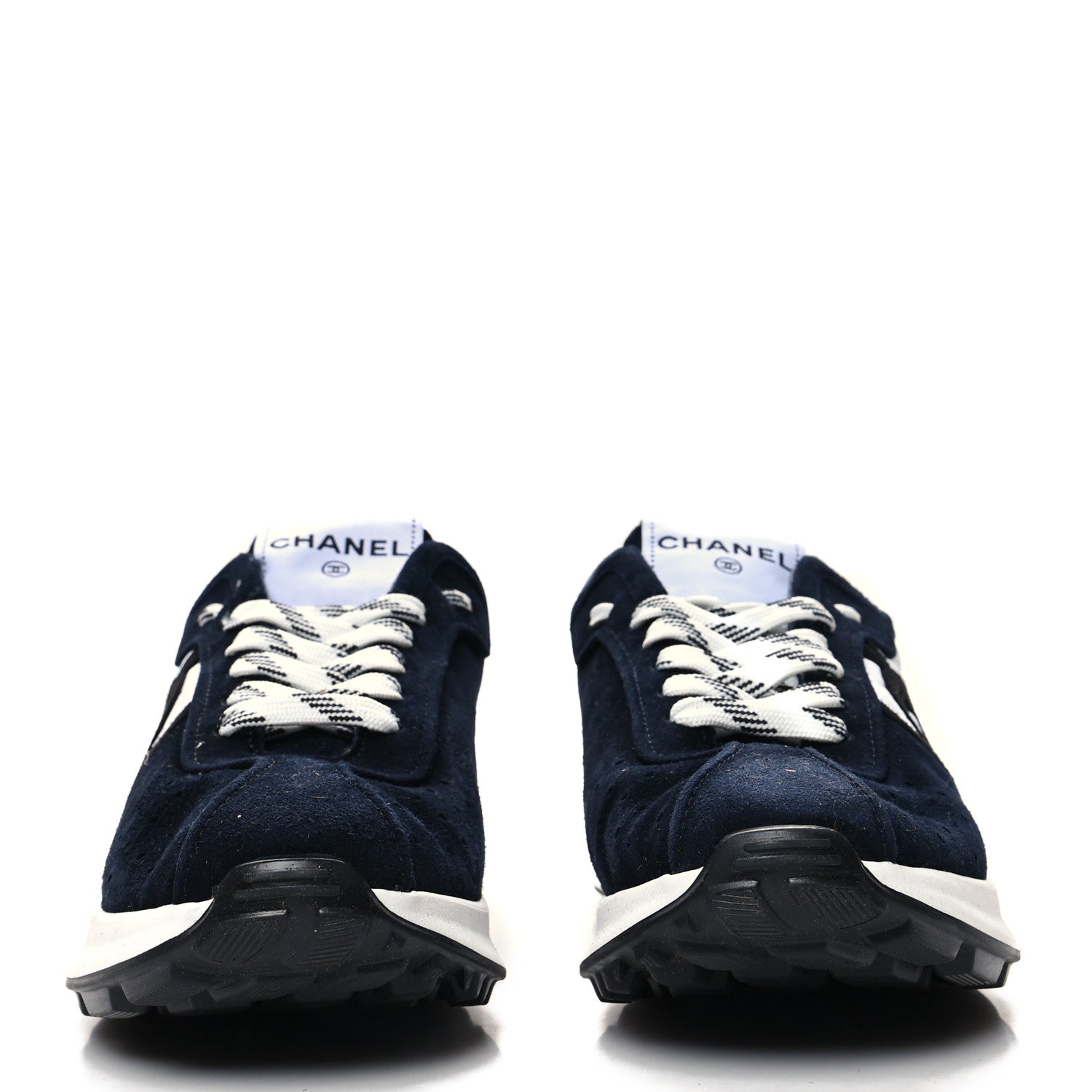 Chanel Fabric Suede Kidskin CC Sneakers 39.5 Navy White 2 of 9