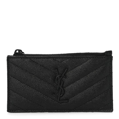 Saint Laurent Grain De Poudre Matelasse Chevron Monogram Fragments Zippered Card Case Black 1 of 11