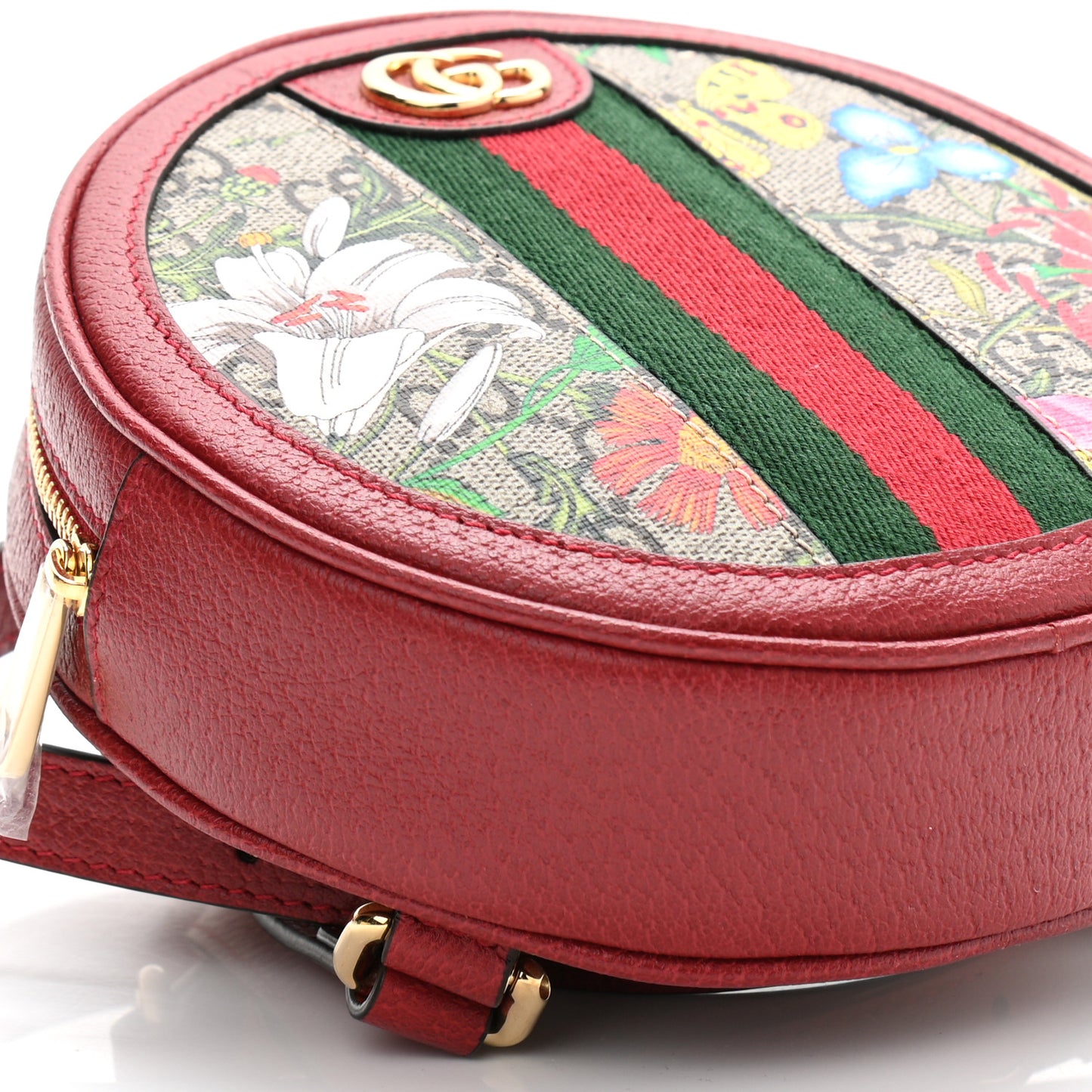 GG Supreme Monogram Web Flora Mini Ophidia Round Backpack Red