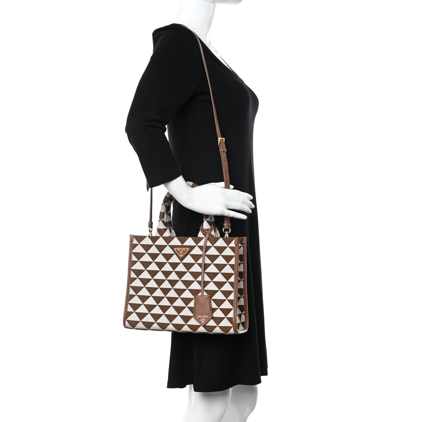 Jacquard Saffiano Triangolo Symbole Embroidered Small Tote Tobacco Talco