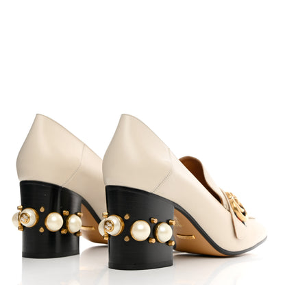 Gucci Betis Glamour Calfskin Web Pearl Embellished Peyton 75mm Loafer Pumps 40.5 Mystic White 4 of 15