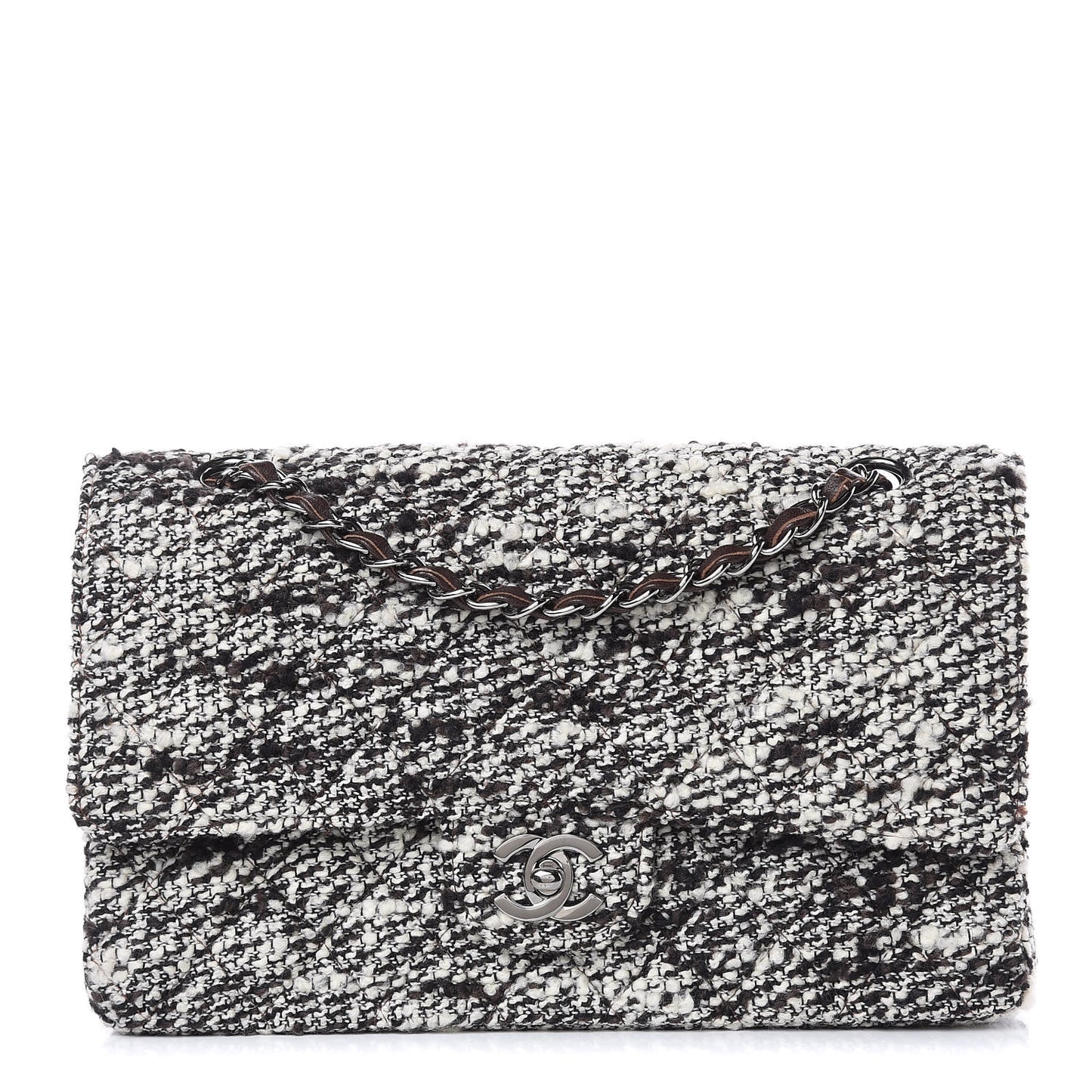 Tweed Quilted Medium Double Flap White Brown