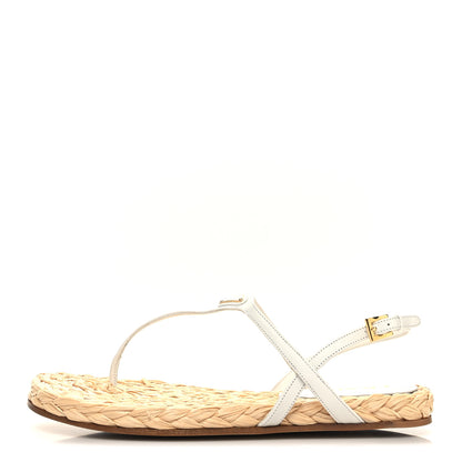 Prada Raffia Metal Triangle Logo Woven Slingback Flat Thong Sandals 40 White 1 of 10