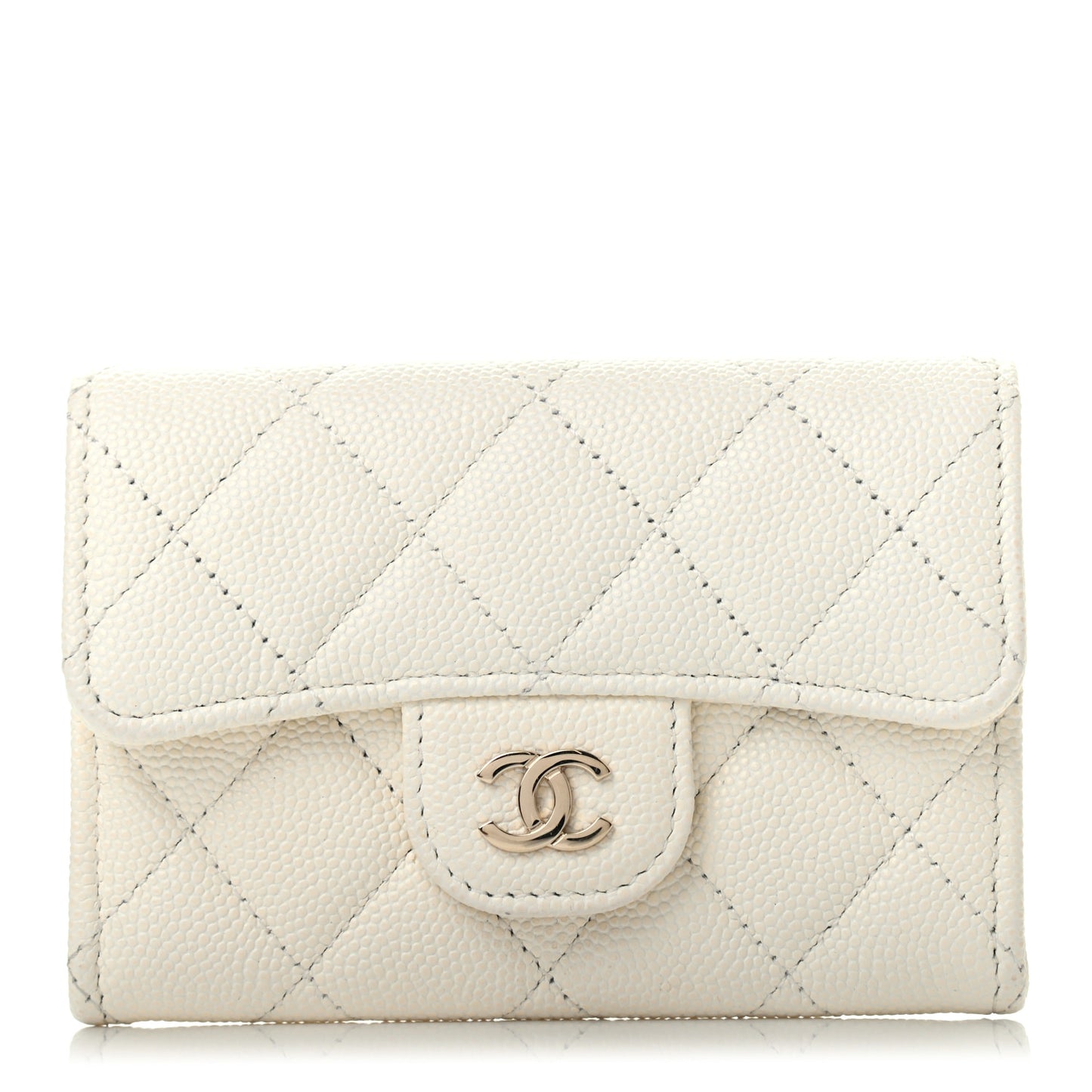 Caviar Quilted Flap Card Holder Wallet White