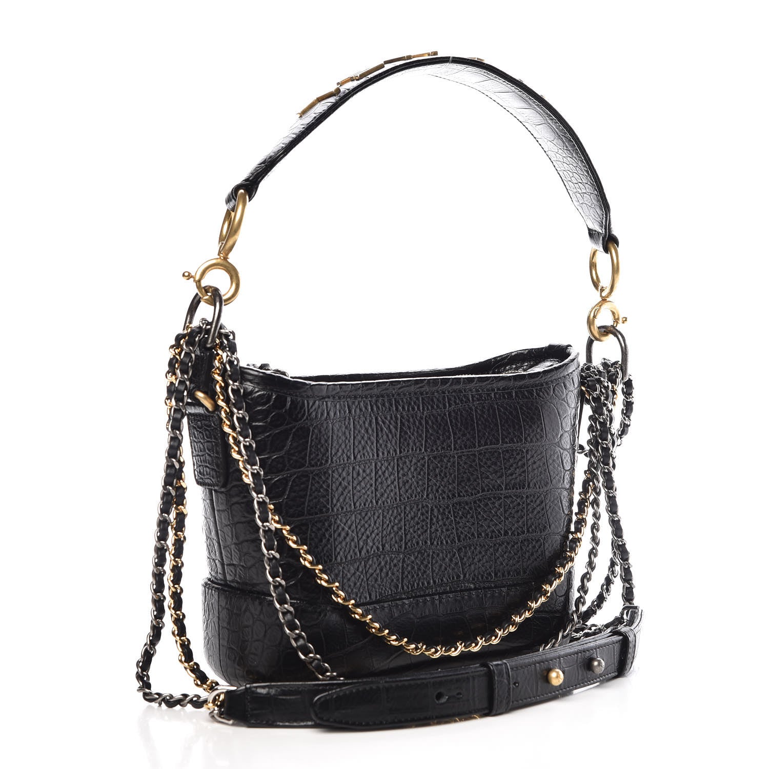 Chanel Calfskin Crocodile Embossed Small Gabrielle Cocodile Hobo Black 4 of 12