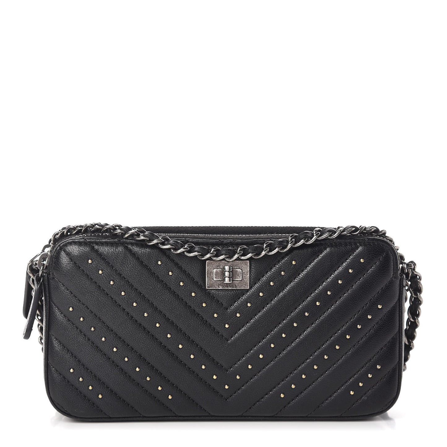 Sheepskin Chevron Quilted Studded Reissue Small Clutch With Chain Black
