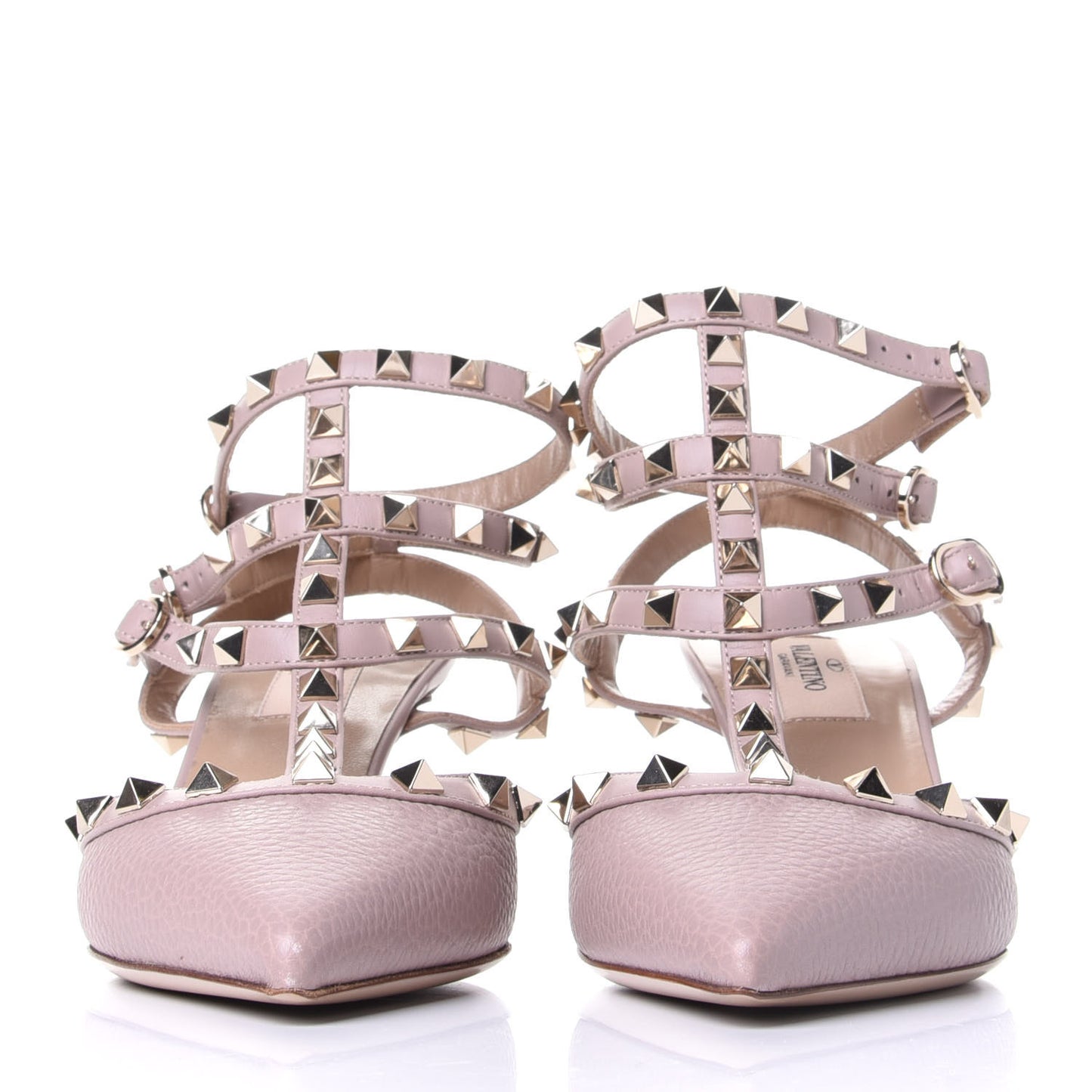 Pebbled Calfskin Rockstud Ankle Strap Low Heel Pumps 37.5 Poudre