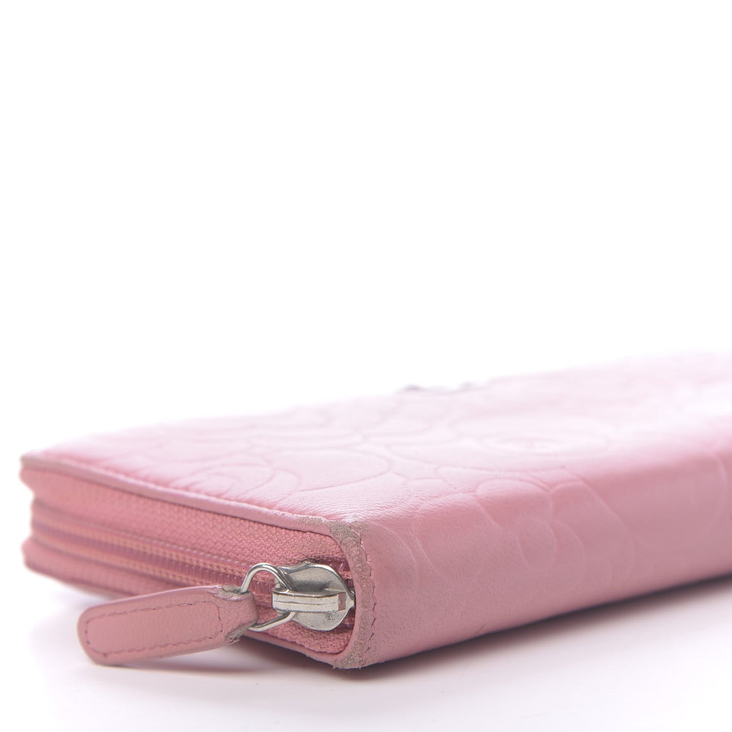 Lambskin Camellia Embossed Zip Around Large Gusset Wallet Pink