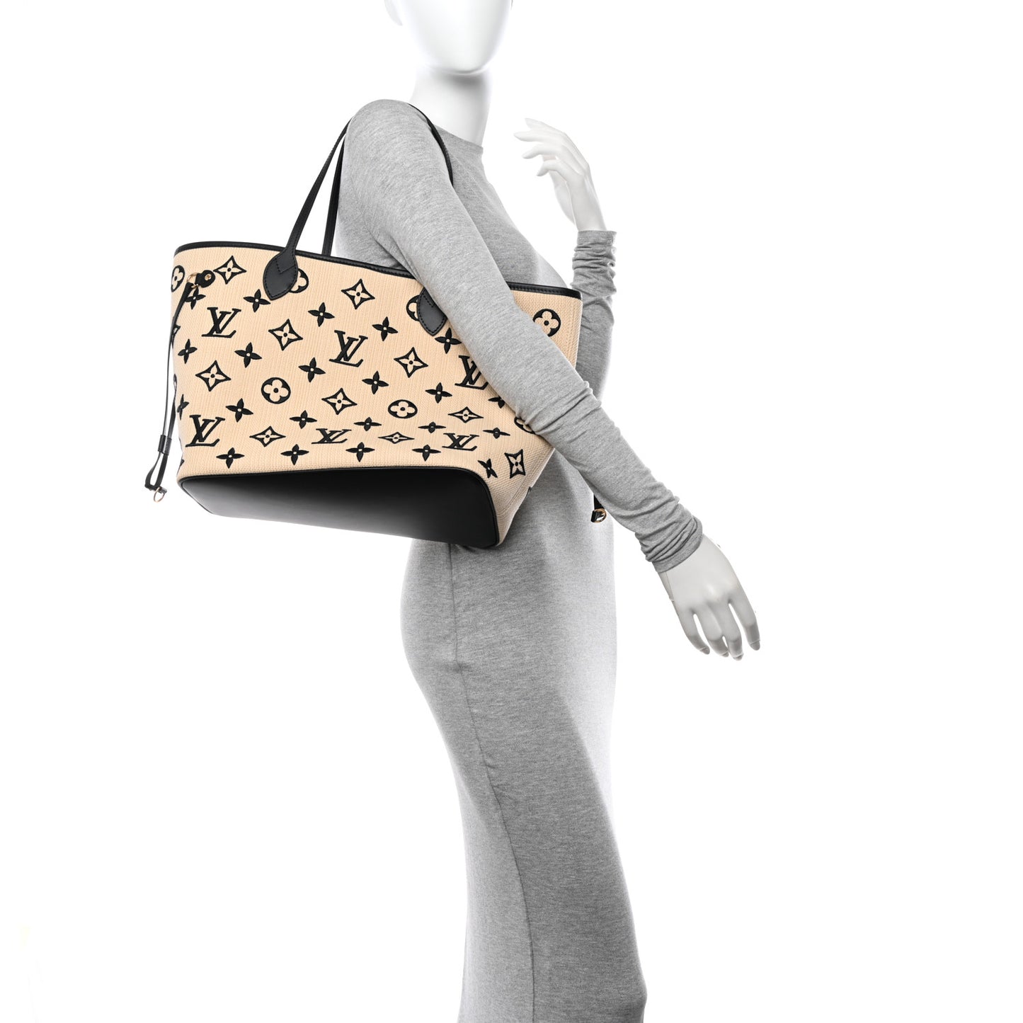 Cotton Monogram Embroidered Neverfull MM Beige Black