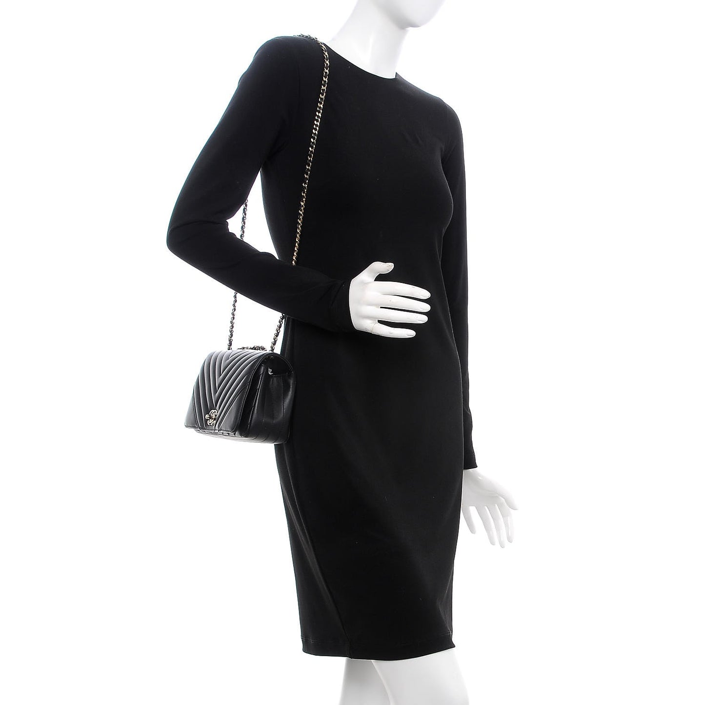 Calfskin Chevron Quilted Mini Statement Flap Black
