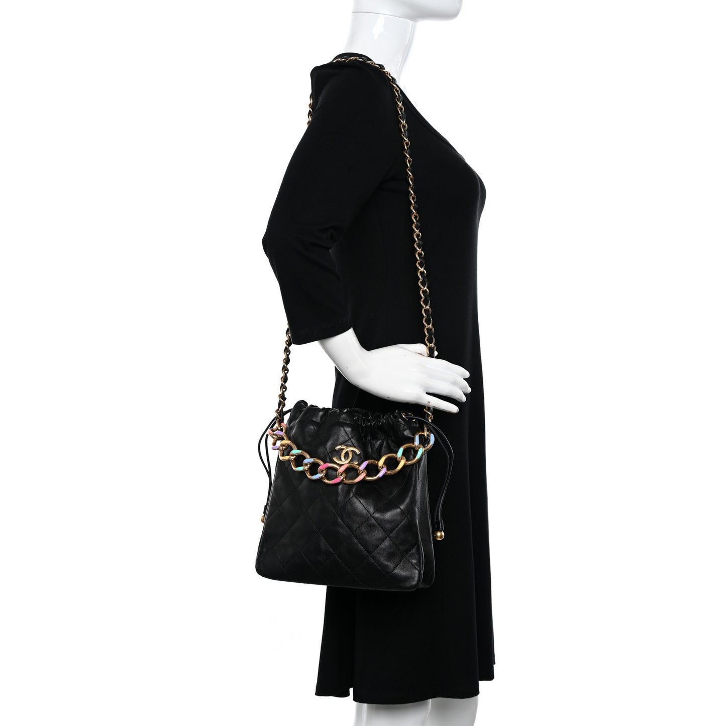 Lambskin Quilted Enamel Drawstring Bag Black Multicolor
