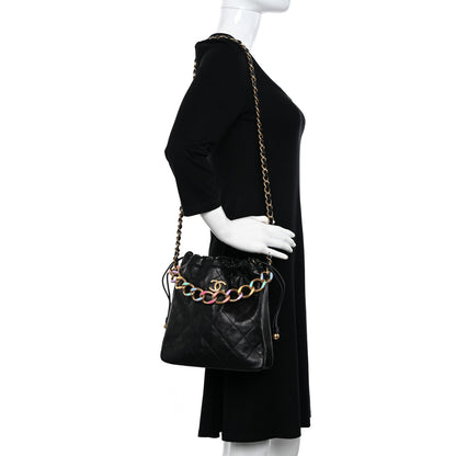 Chanel Lambskin Quilted Enamel Drawstring Bag Black Multicolor 2 of 10