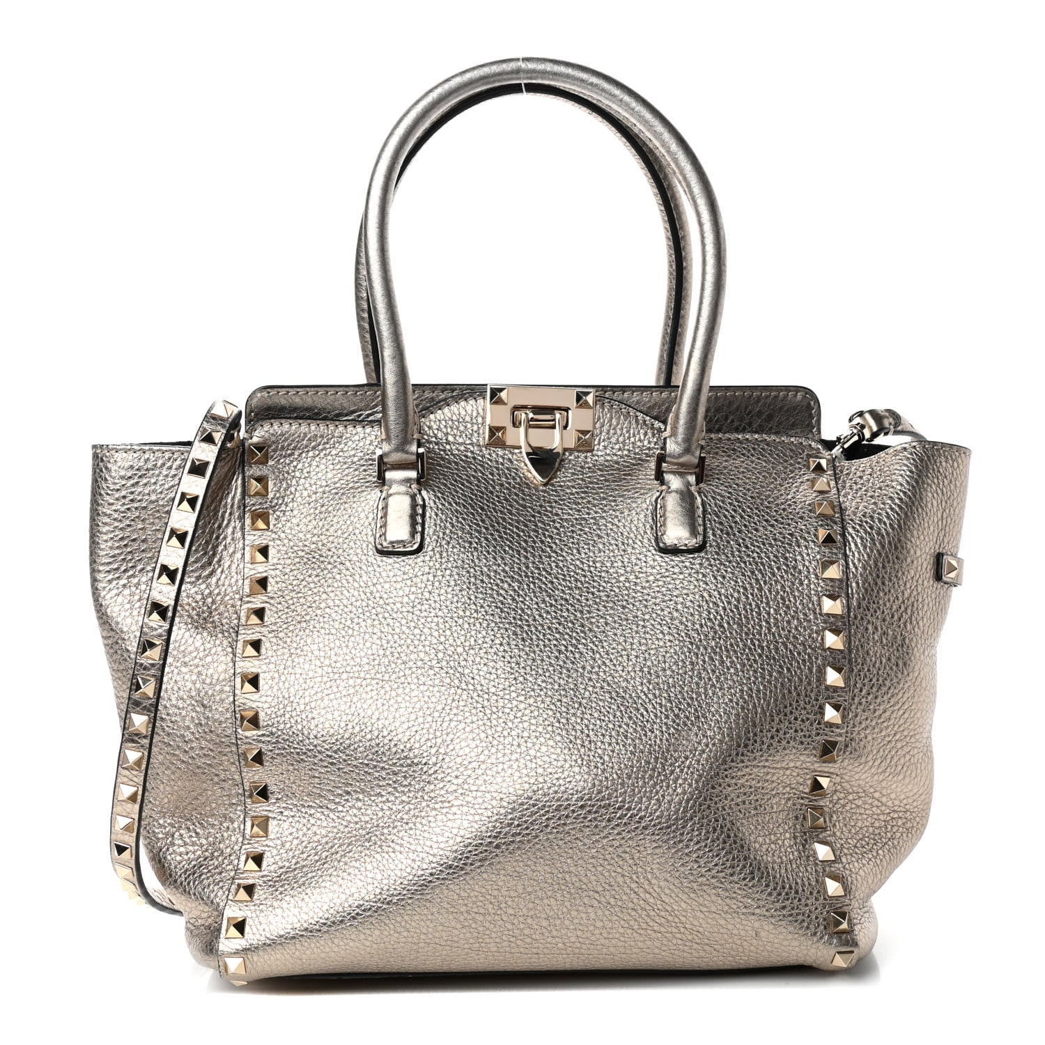 Valentino Garavani Metallic Grained Calfskin Rockstud Double Handle Tote Sasso 1 of 4