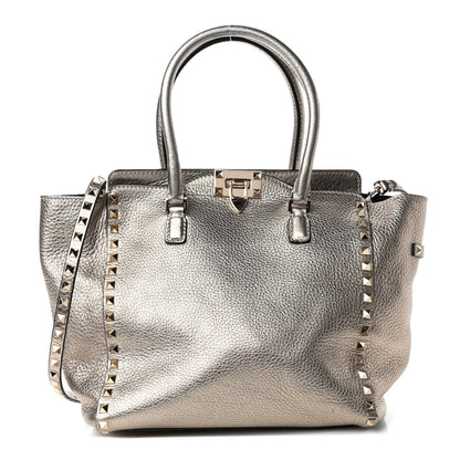 Valentino Garavani Metallic Grained Calfskin Rockstud Double Handle Tote Sasso 1 of 4