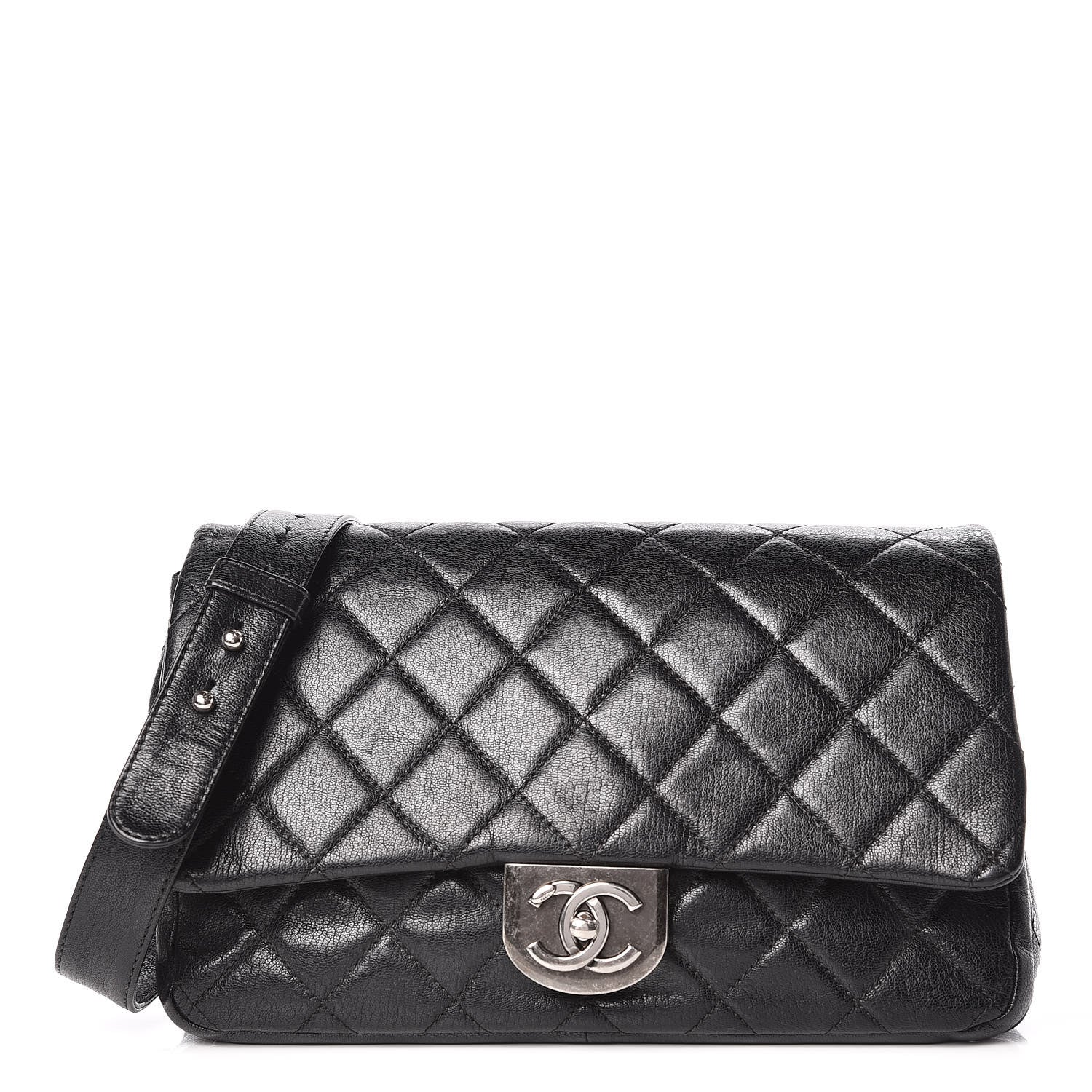Chanel Shiny Goatskin Quilted Large Double Carry Waist Chain Flap Black 1 of 10