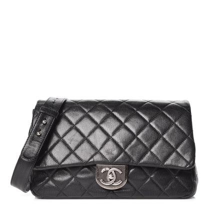 Chanel Shiny Goatskin Quilted Large Double Carry Waist Chain Flap Black 1 of 10
