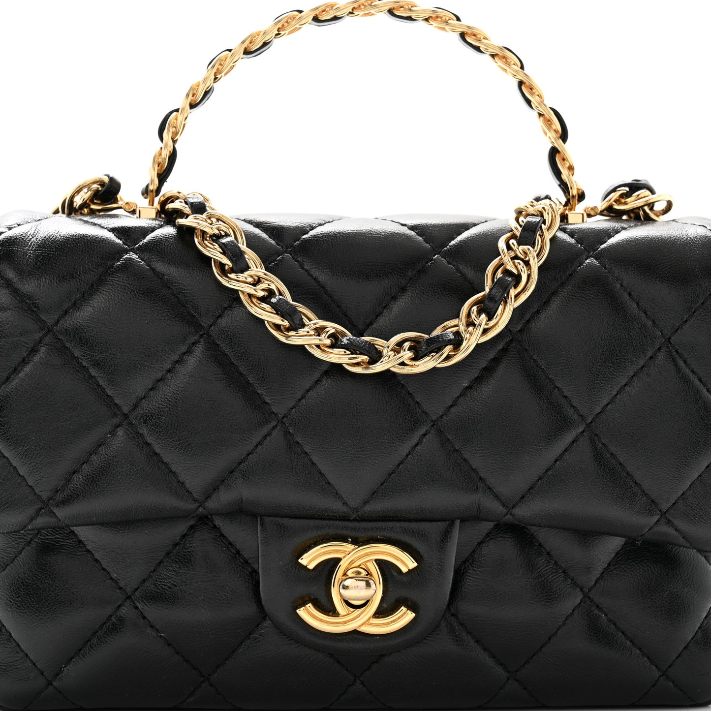 Shiny Lambskin Quilted Golden Links Top Handle Flap Black