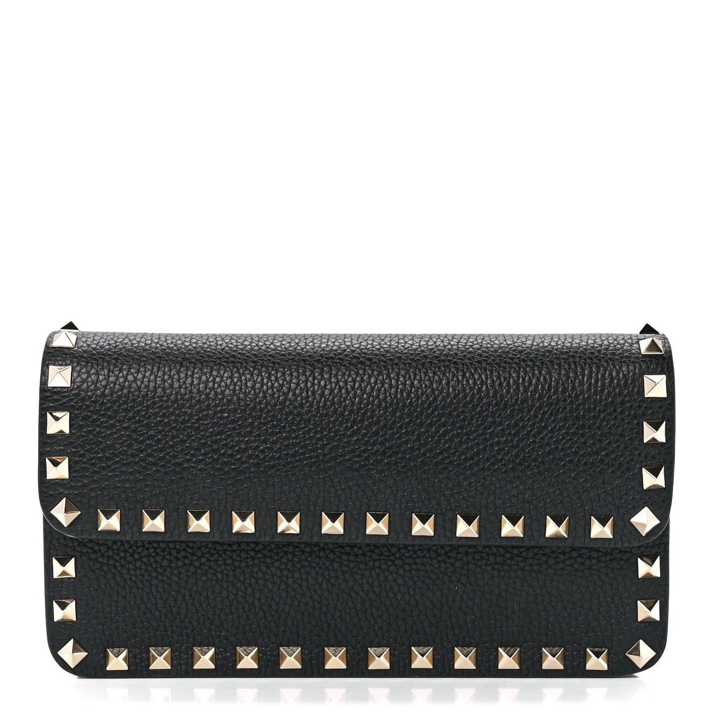 Pebbled Calfskin Rockstud Flap Wallet On Chain Black
