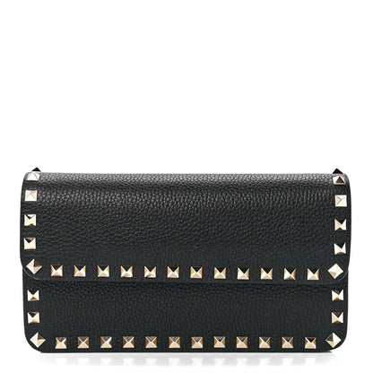 Valentino Garavani Pebbled Calfskin Rockstud Flap Wallet On Chain Black 1 of 11