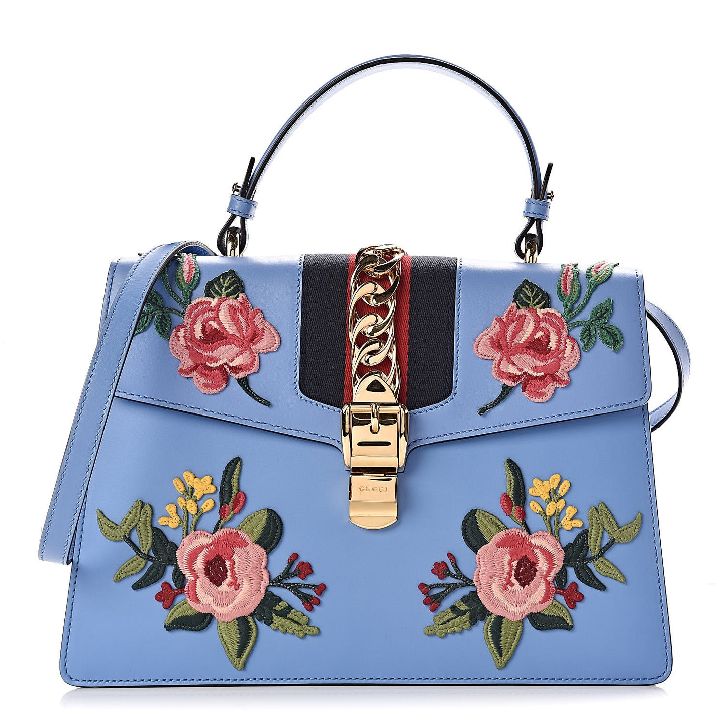 Calfskin Embroidered Medium Sylvie Top Handle Bag Clear Sky Blue