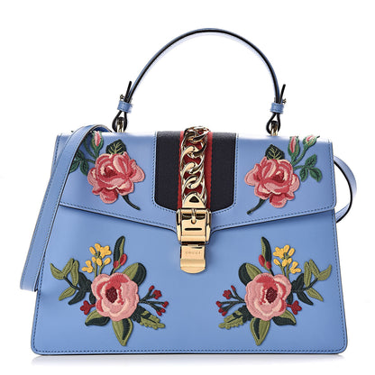 Gucci Calfskin Embroidered Medium Sylvie Top Handle Bag Clear Sky Blue 1 of 12