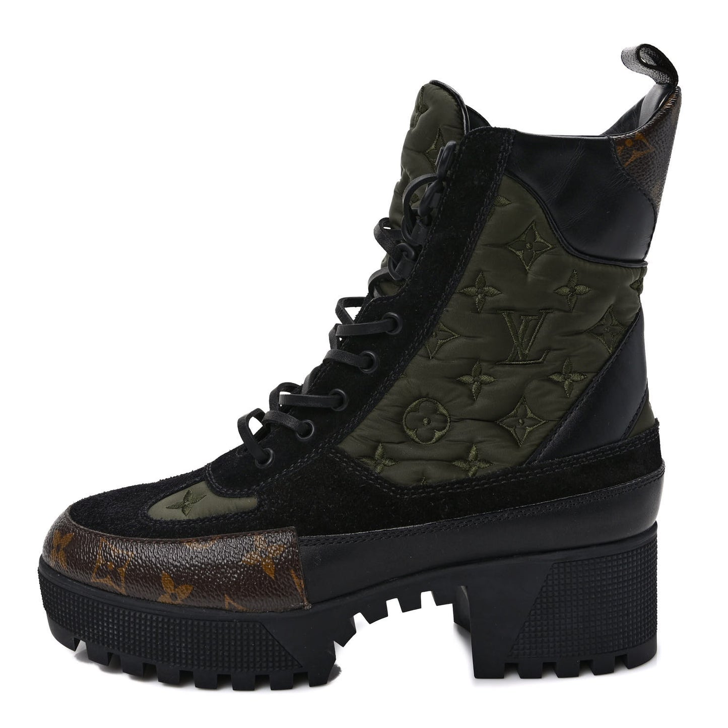 Nylon Embroidered Monogram Suede Laureate Platform Desert Boots 38.5 Kaki