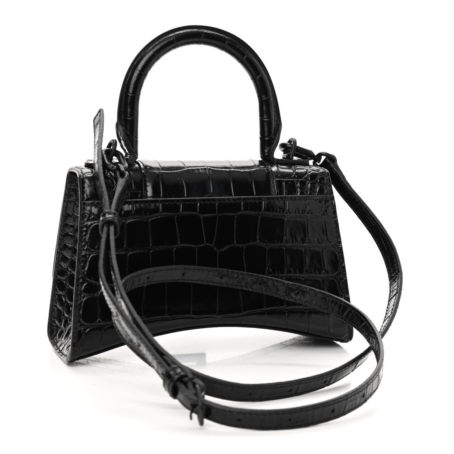 Shiny Calfskin Monochrome Crocodile Embossed Hourglass Top Handle Bag XS Black