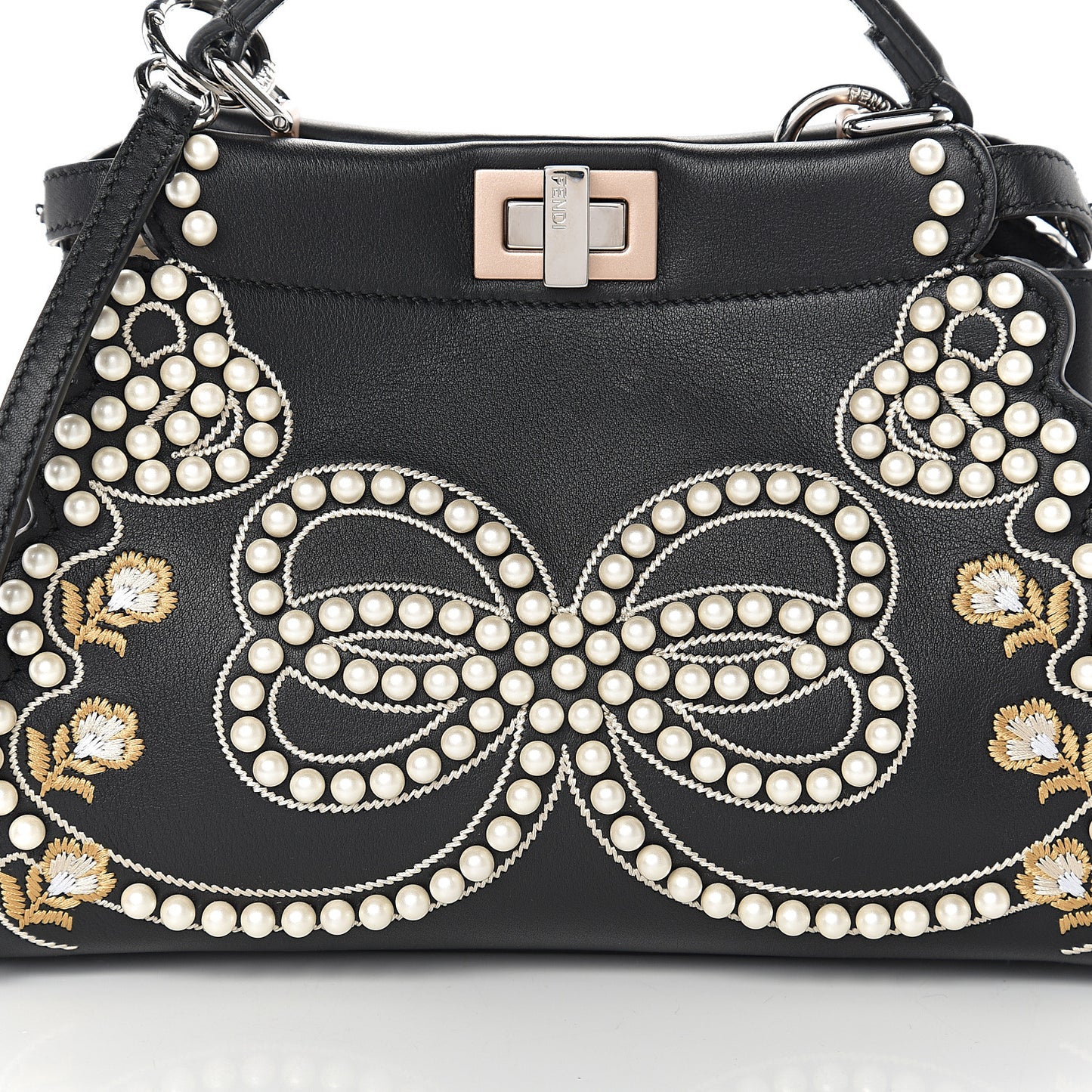 Calfskin Flowers and Bows Scalloped Mini Peekaboo Iconic Satchel Black Camelia