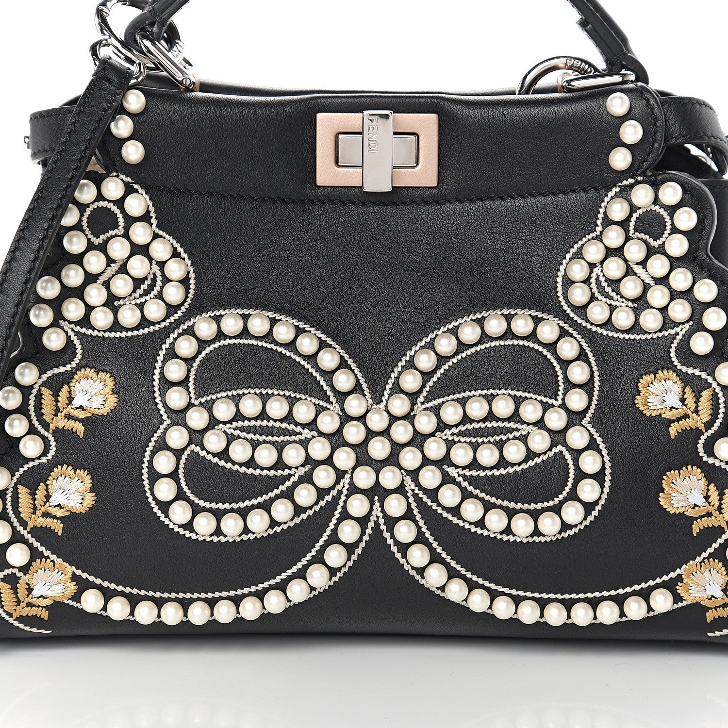 Fendi Calfskin Flowers and Bows Scalloped Mini Peekaboo Iconic Satchel Black Camelia 8 of 8