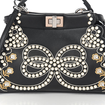 Fendi Calfskin Flowers and Bows Scalloped Mini Peekaboo Iconic Satchel Black Camelia 8 of 8
