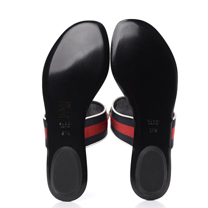 Gucci Calfskin Horsebit Web Thong Sandals 37.5 White Black 5 of 8