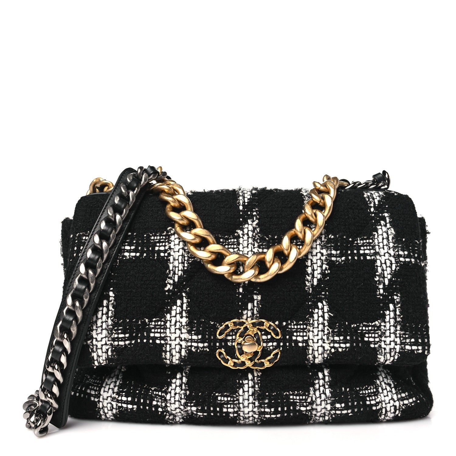 Chanel Tweed Quilted Large Chanel 19 Flap Black Ecru White 1 of 10