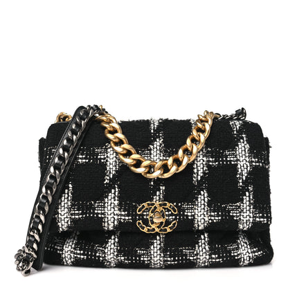 Chanel Tweed Quilted Large Chanel 19 Flap Black Ecru White 1 of 10