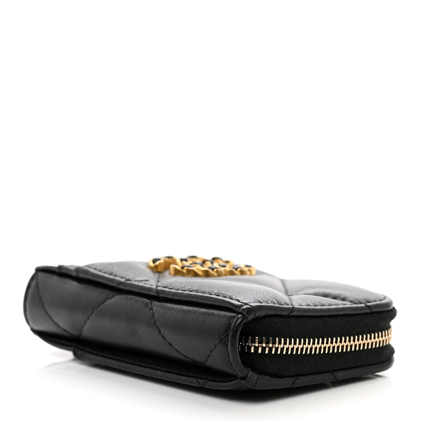 Lambskin Quilted Chanel 19 Vertical Zip Card Holder Wallet Black