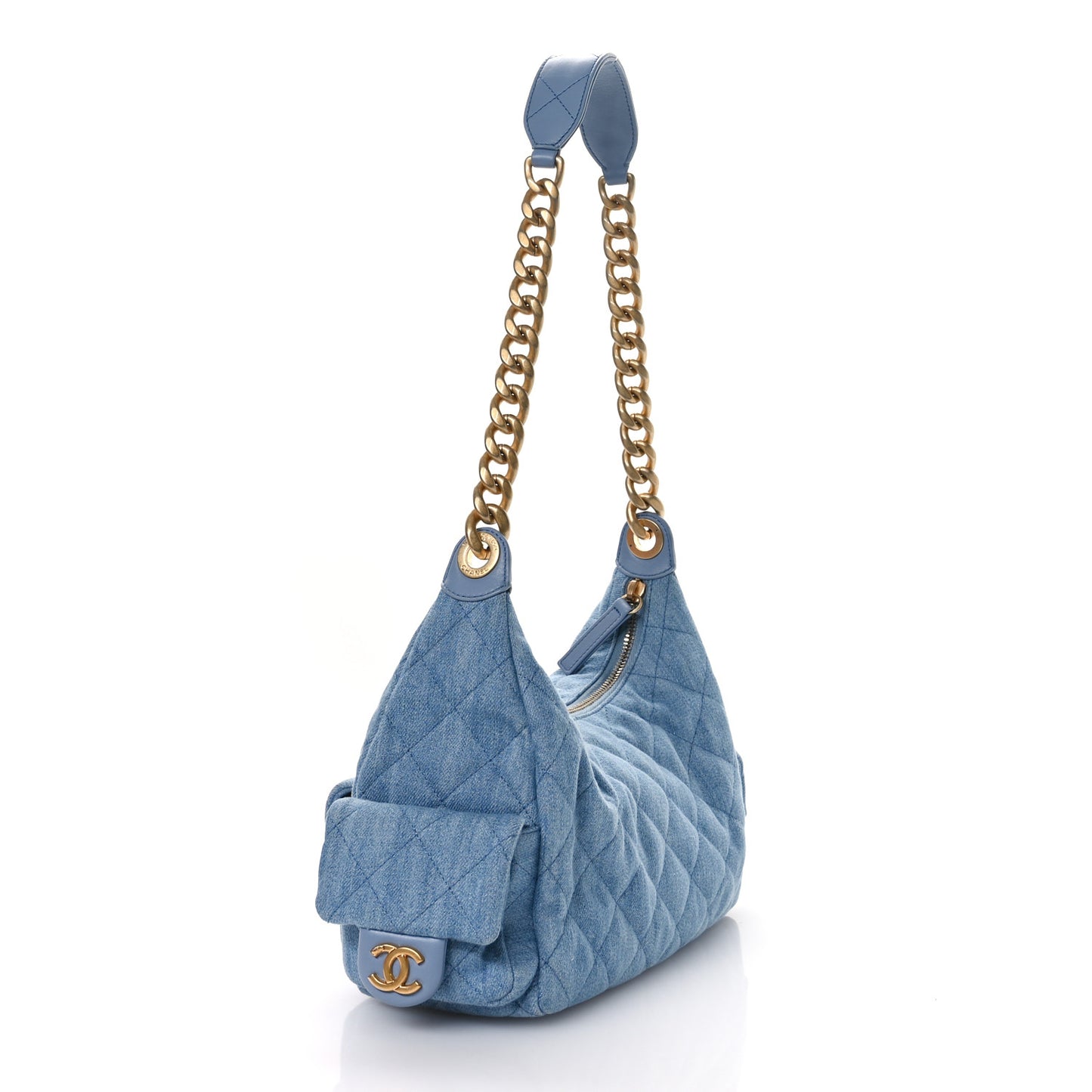 Washed Denim Quilted Cargo Large Hobo Light Blue