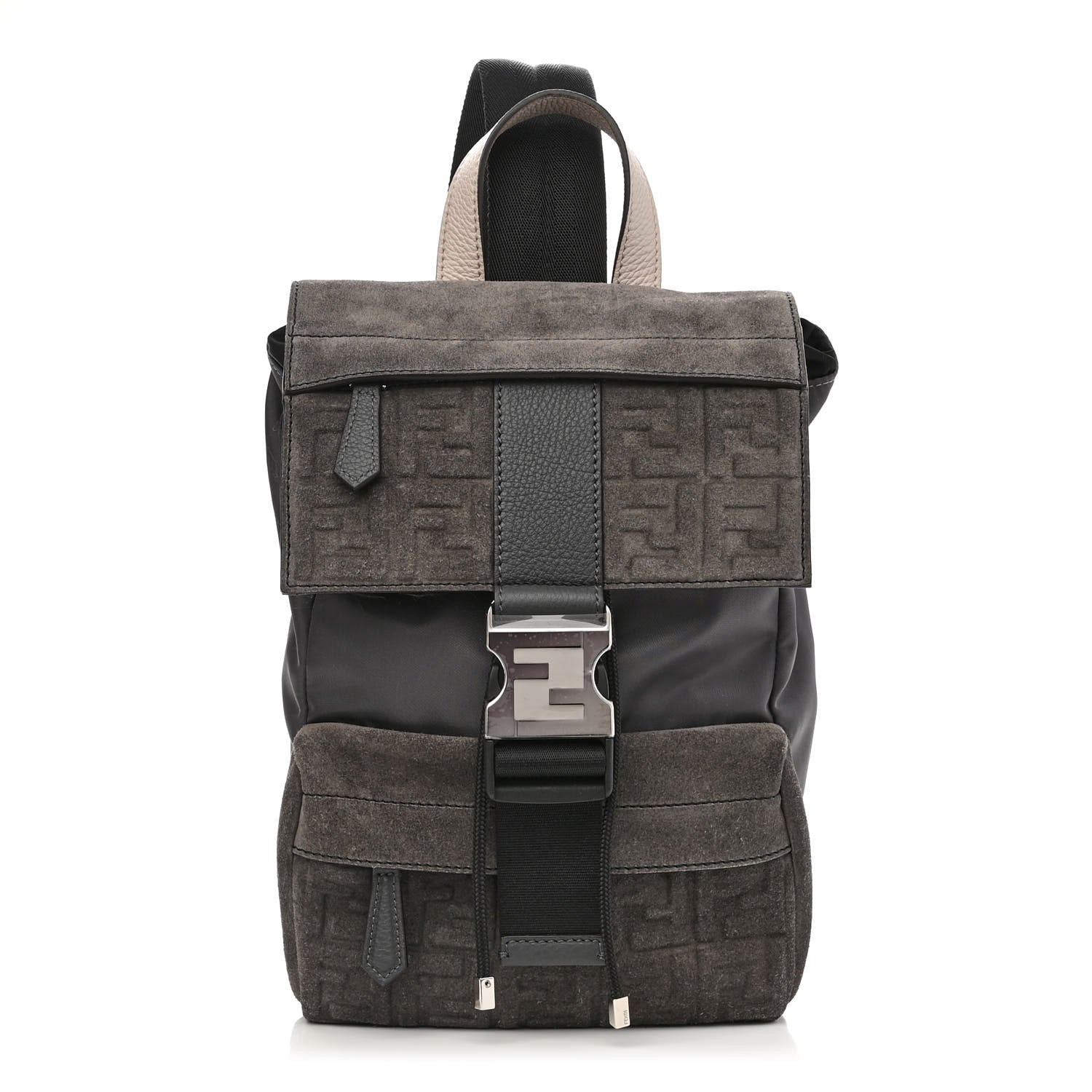 Fendi Suede Nylon Santander Cuoio Romano Bi-Color FF Embossed Small Fendiness Backpack Piombo Fango Grigio Polvere Asphalto 1 of 11