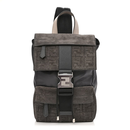 Fendi Suede Nylon Santander Cuoio Romano Bi-Color FF Embossed Small Fendiness Backpack Piombo Fango Grigio Polvere Asphalto 1 of 11