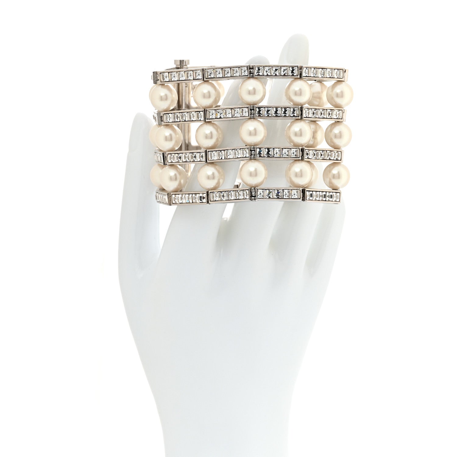 Chanel Crystal Pearl CC Cuff Bracelet M Silver 2 of 5
