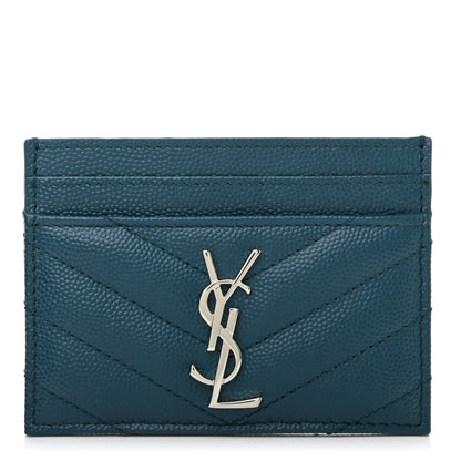 Saint Laurent Grain De Poudre Matelasse Chevron Monogram Credit Card Case Peacock Green 1 of 7