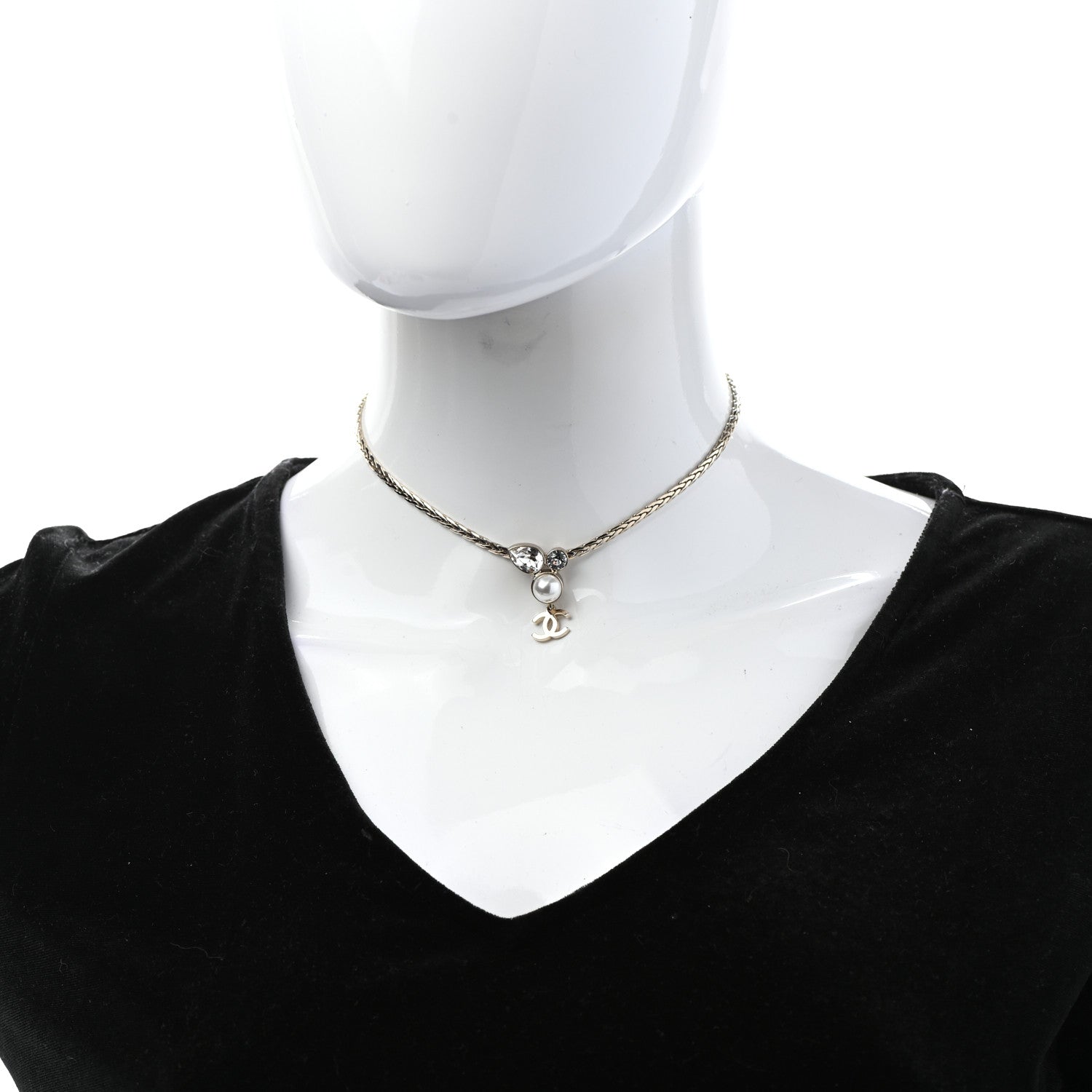 Chanel Pearl Crystal CC Teardrop Braided Necklace Gold 2 of 8