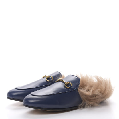 Gucci Malaga Kid Fur Womens Princetown Slippers 37.5 Blue Agata 3 of 8