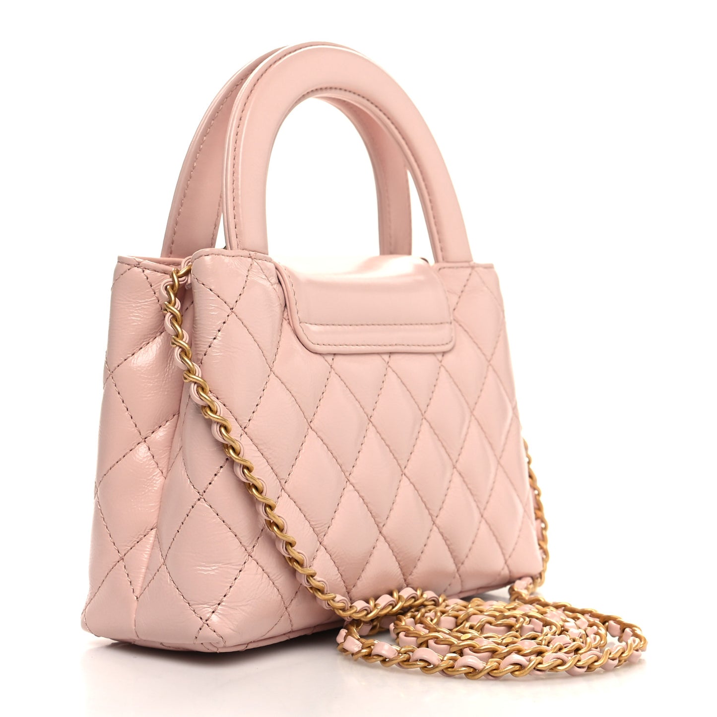Shiny Aged Calfskin Quilted Nano Kelly Shopper Light Pink