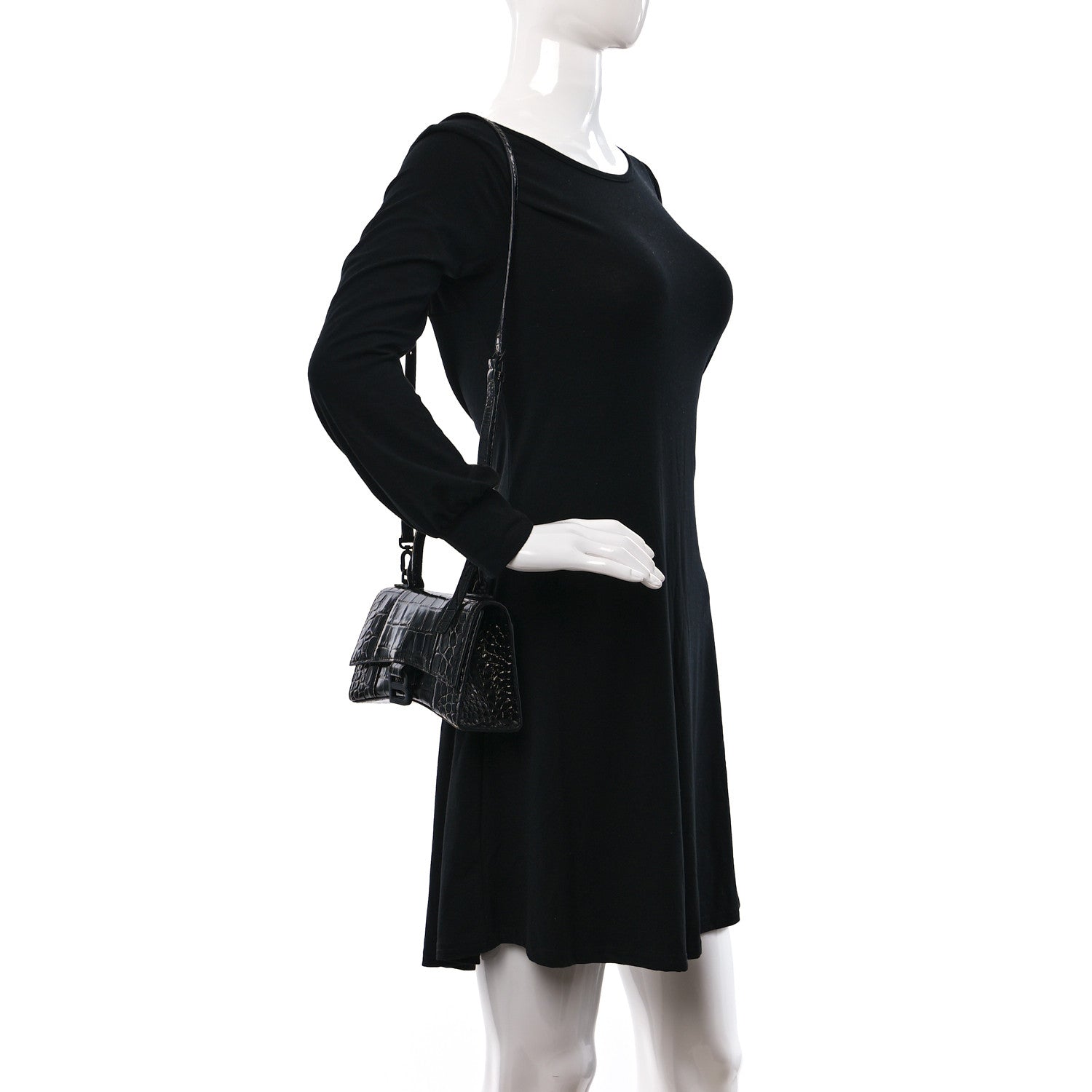 Balenciaga Shiny Calfskin Monochrome Crocodile Embossed Hourglass Top Handle Bag XS Black 2 of 9