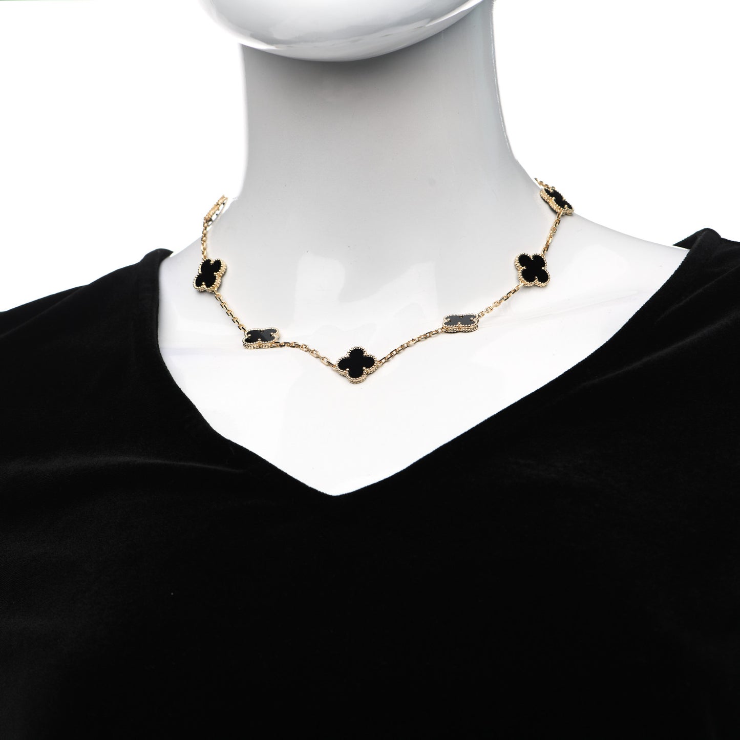 18K Yellow Gold Black Onyx 10 Motifs Vintage Alhambra Necklace