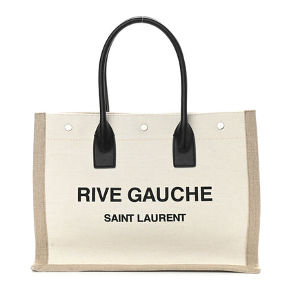 Saint Laurent Linen Calfskin Small Rive Gauche Tote Greggio Natural 1 of 11