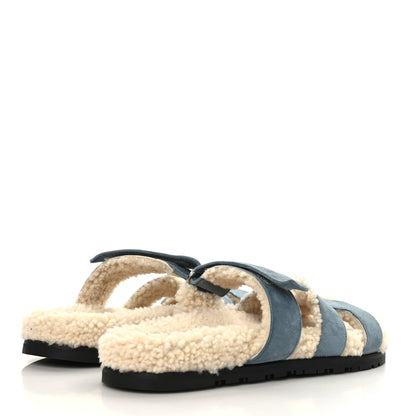 Hermes Suede Goatskin Woolskin Womens Chypre Sandals 38 Bleu Pinede Ecru 9 of 16
