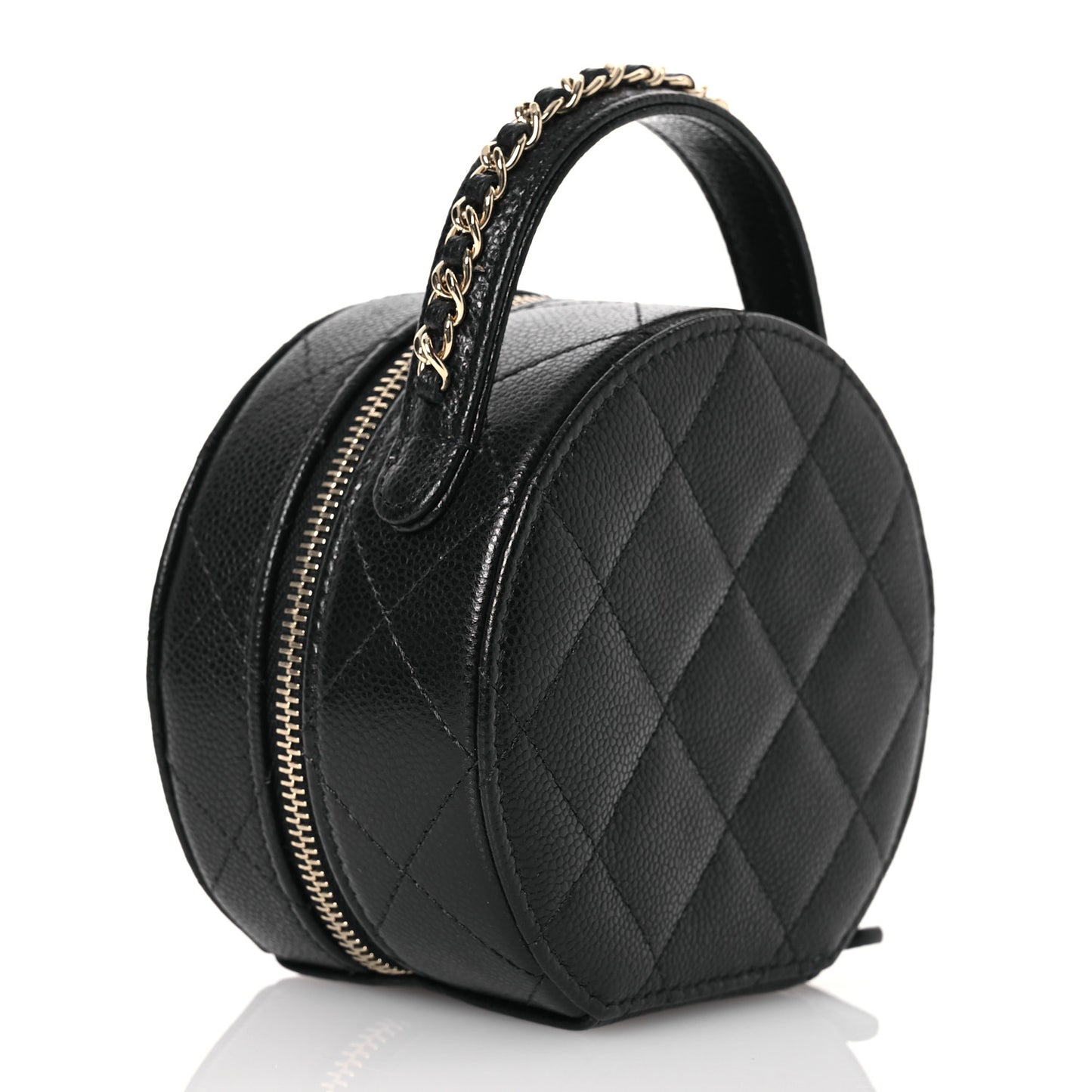 Caviar Quilted Round Top Handle Jewelry Case With Chain Black