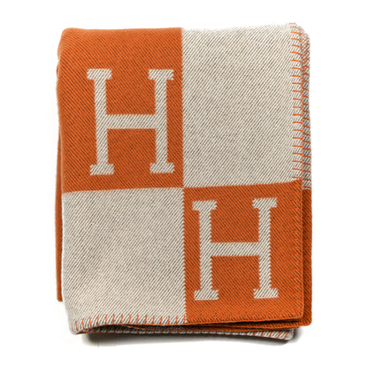 Hermes Wool Cashmere Signature Classic Avalon Blanket Ecru Potiron 1 of 3