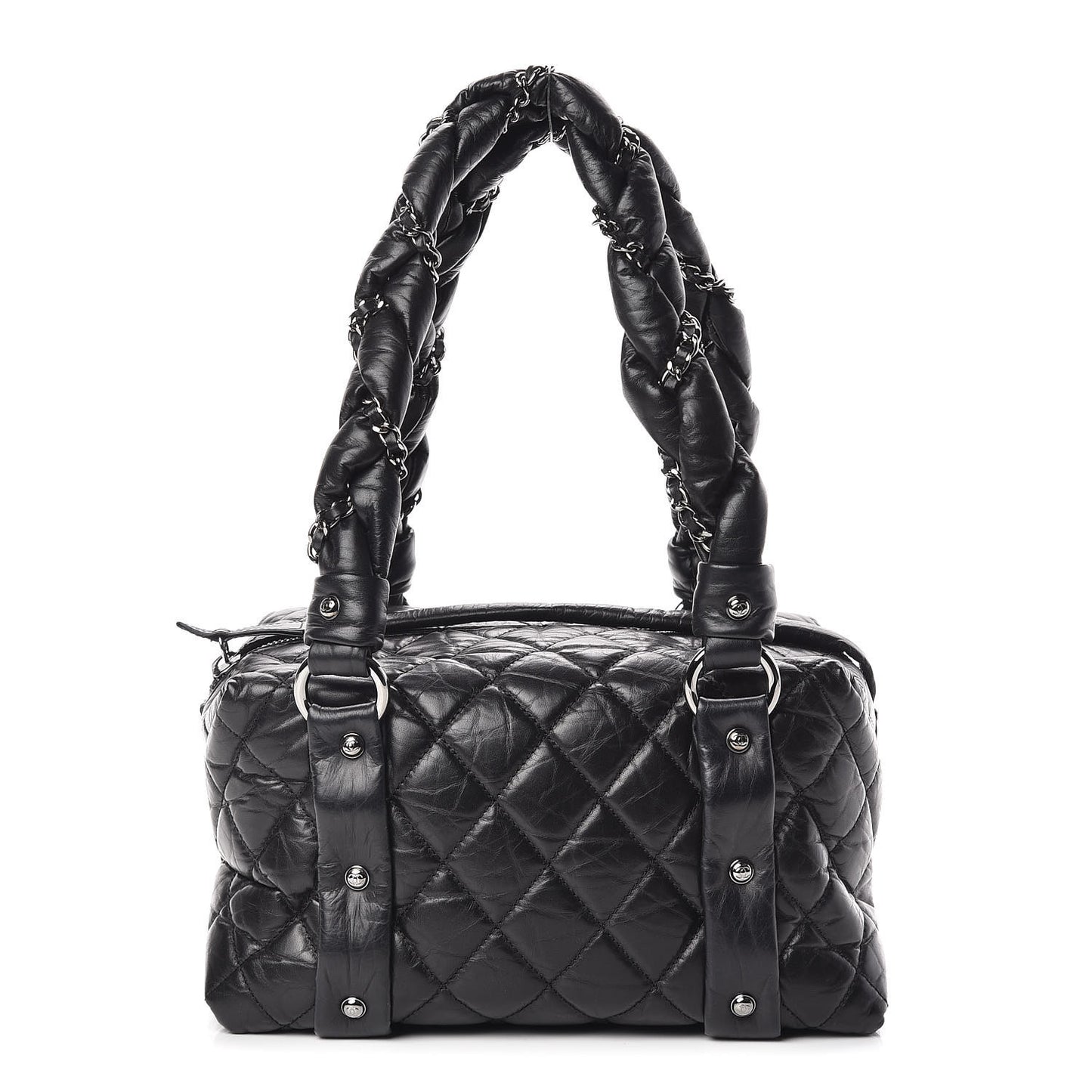 Distressed Lambskin Small Lady Braid Tote Black