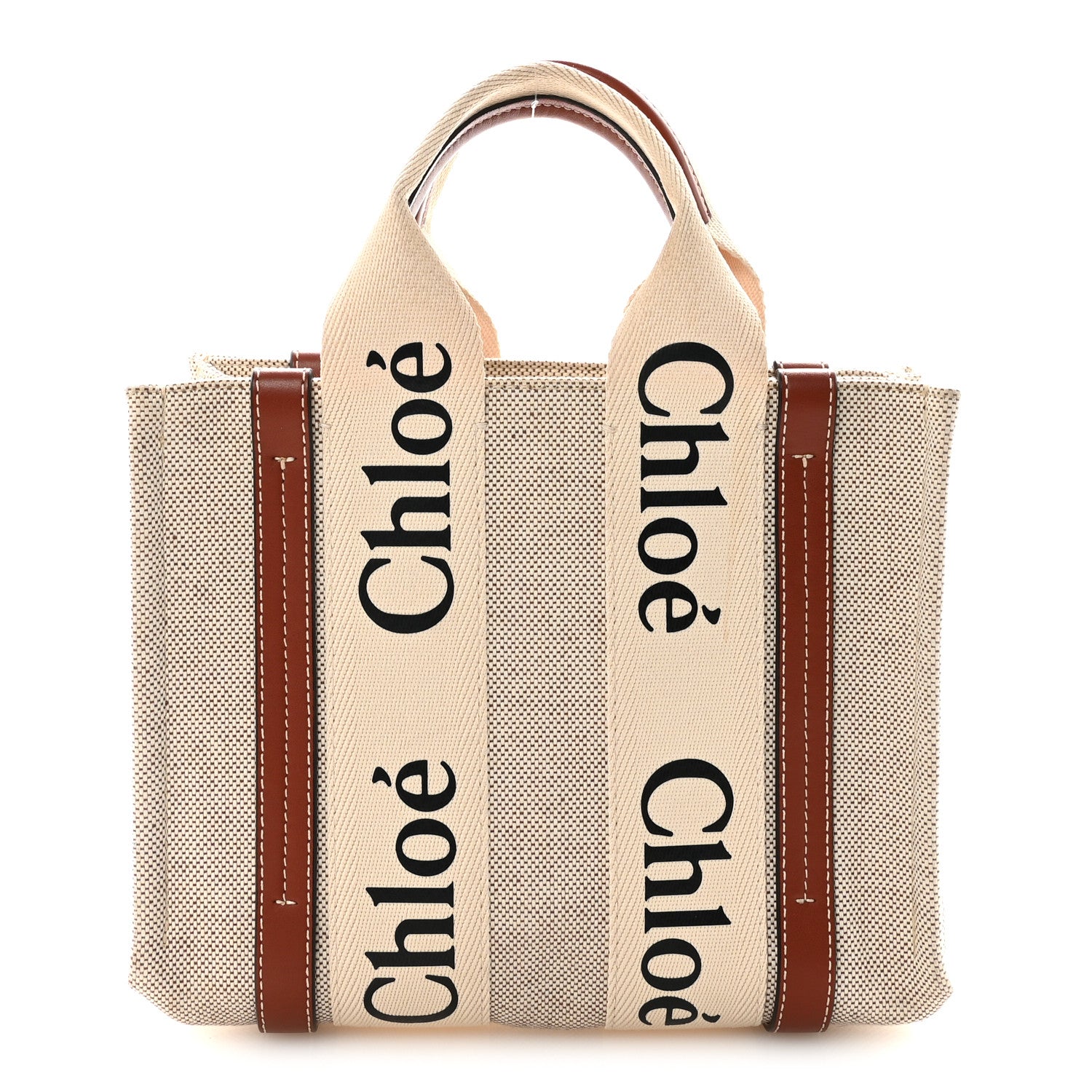 Chloe Cotton Calfskin Small Woody Ribbon Tote  White Brown 1 of 10